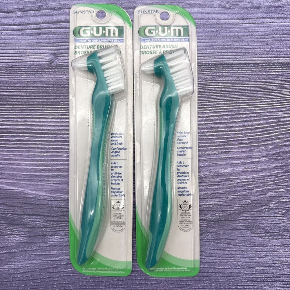 2 LOT GUM Sunstar Denture Brush - Dual Headed Hard Bristle Multi Toothbrush 201